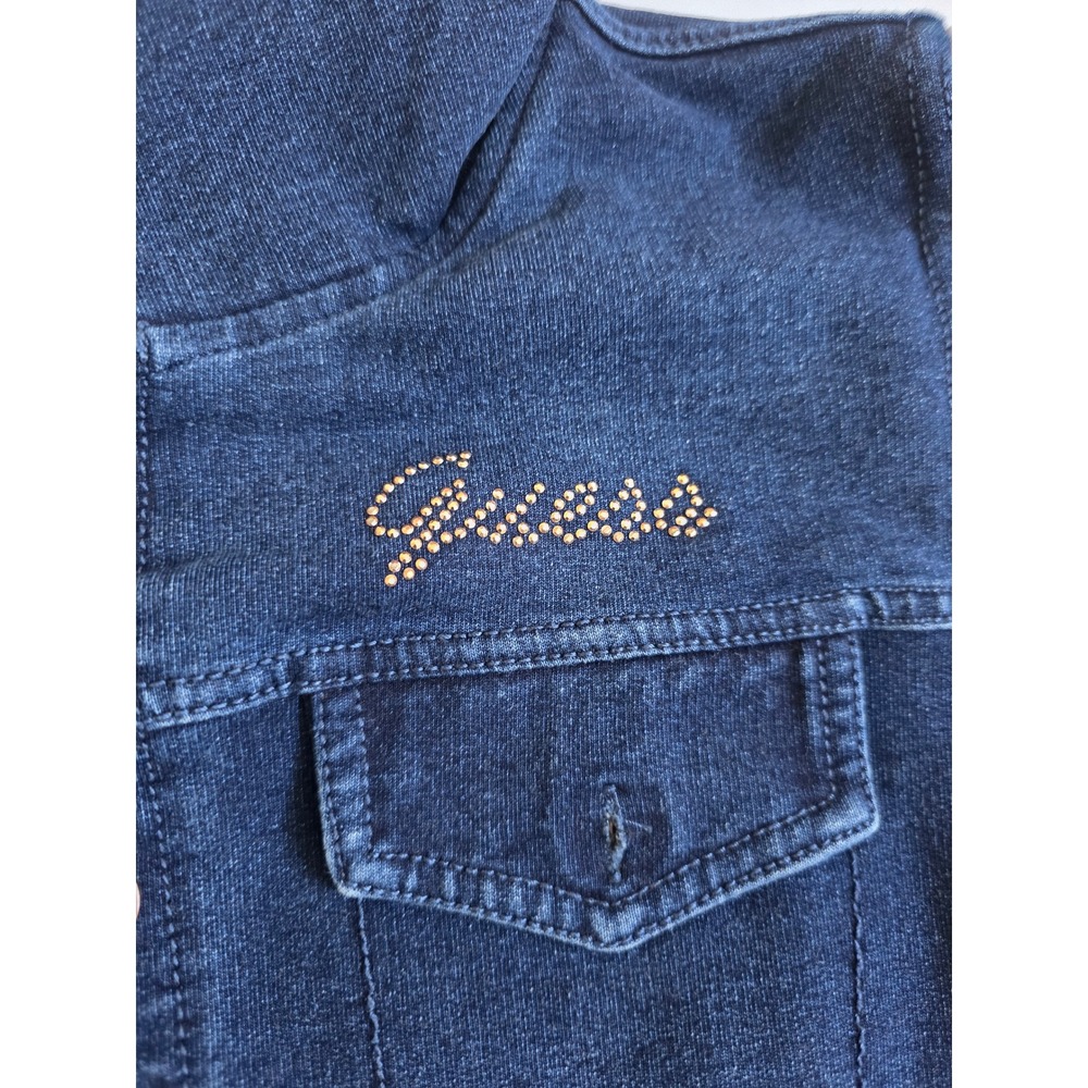 Guess Hooded Denim Jacket 14 Blue Pink Rhinestone Logo Hybrid Mixed Media Coat - Picture 4 of 8
